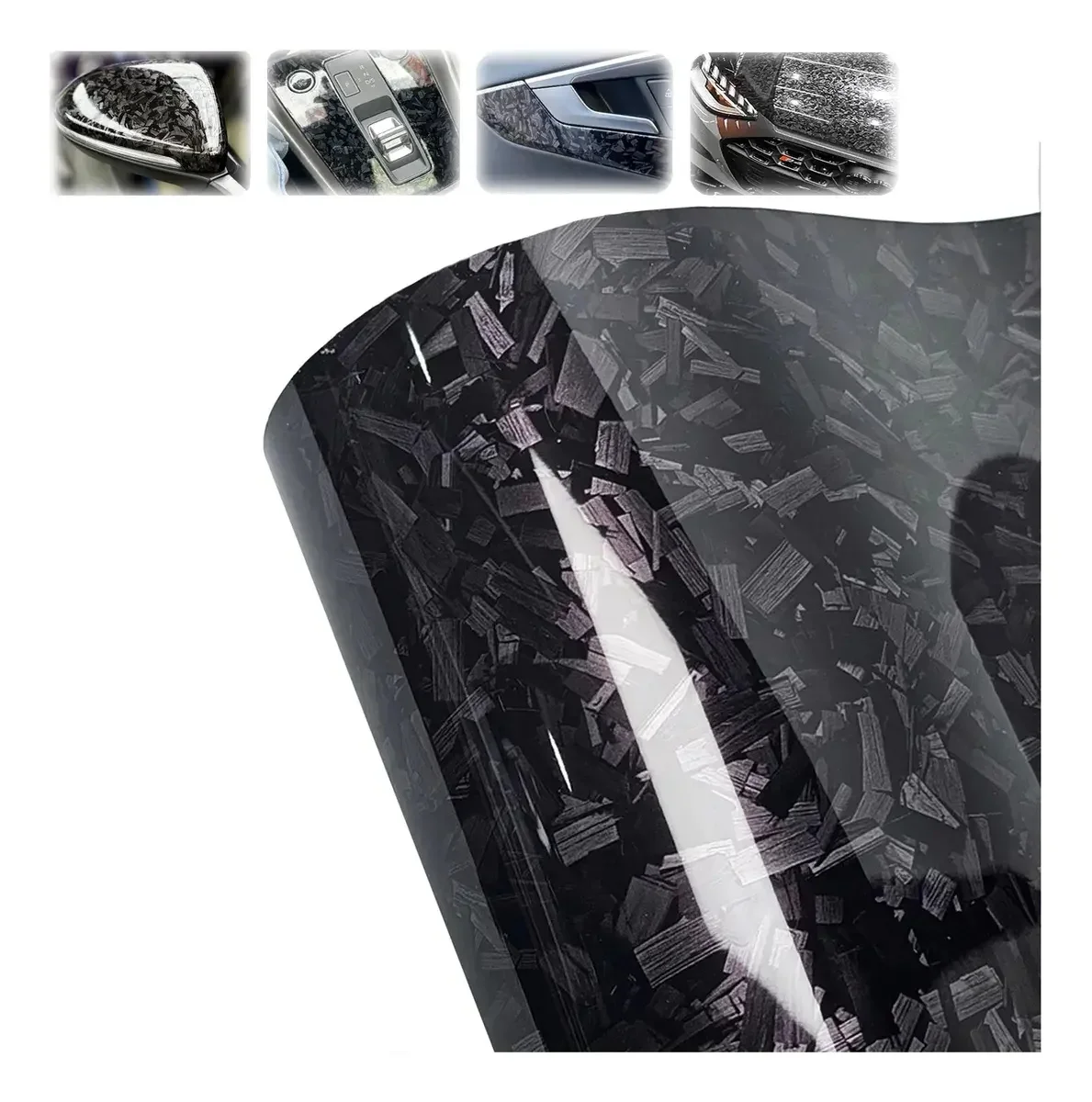 Gloss Black Forged Carbon Fiber PET Film, Self Adhesive Car Interior Sticker for Central Control Rearview Mirror Body Wrap，Motor