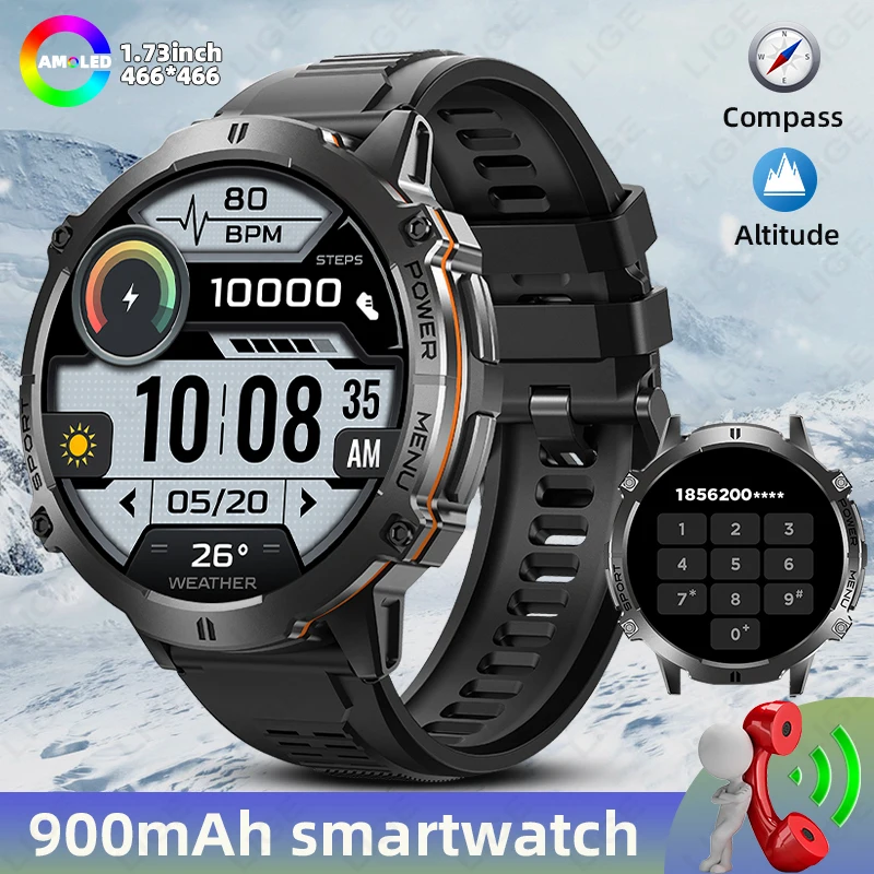 

LIGE Смарт-часы для мужчин, аккумулятор 900 мАч, 1,73 дюйма, AMOLED, Bluetooth, монитор здоровья, компас, часы, водонепроницаемые умные часы 1 АТМ