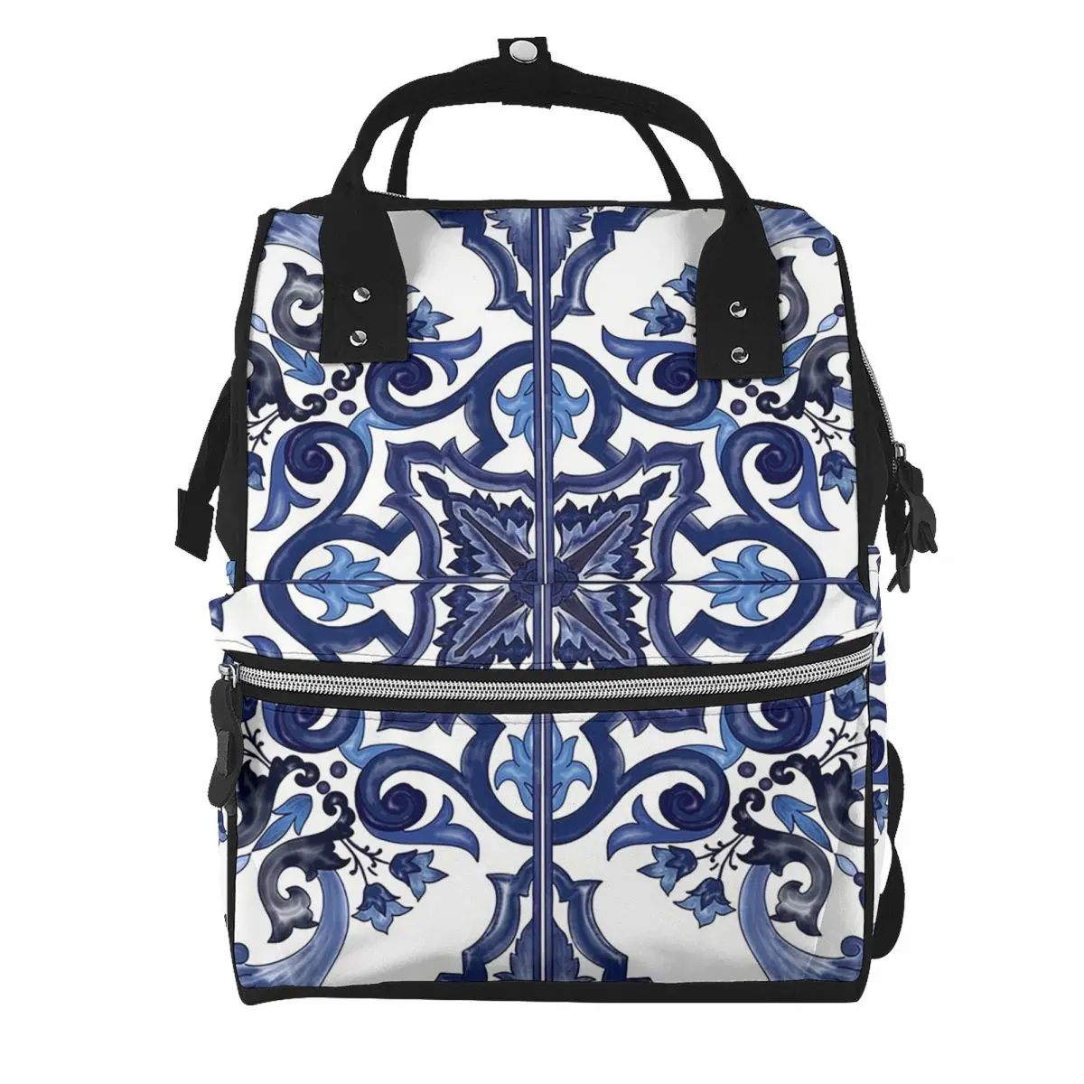 Blue Ornate Floral Mediterranean Sicilian Tile Student Backpack School Bag Daypack for Men Women Bookbag Shoulder Bags