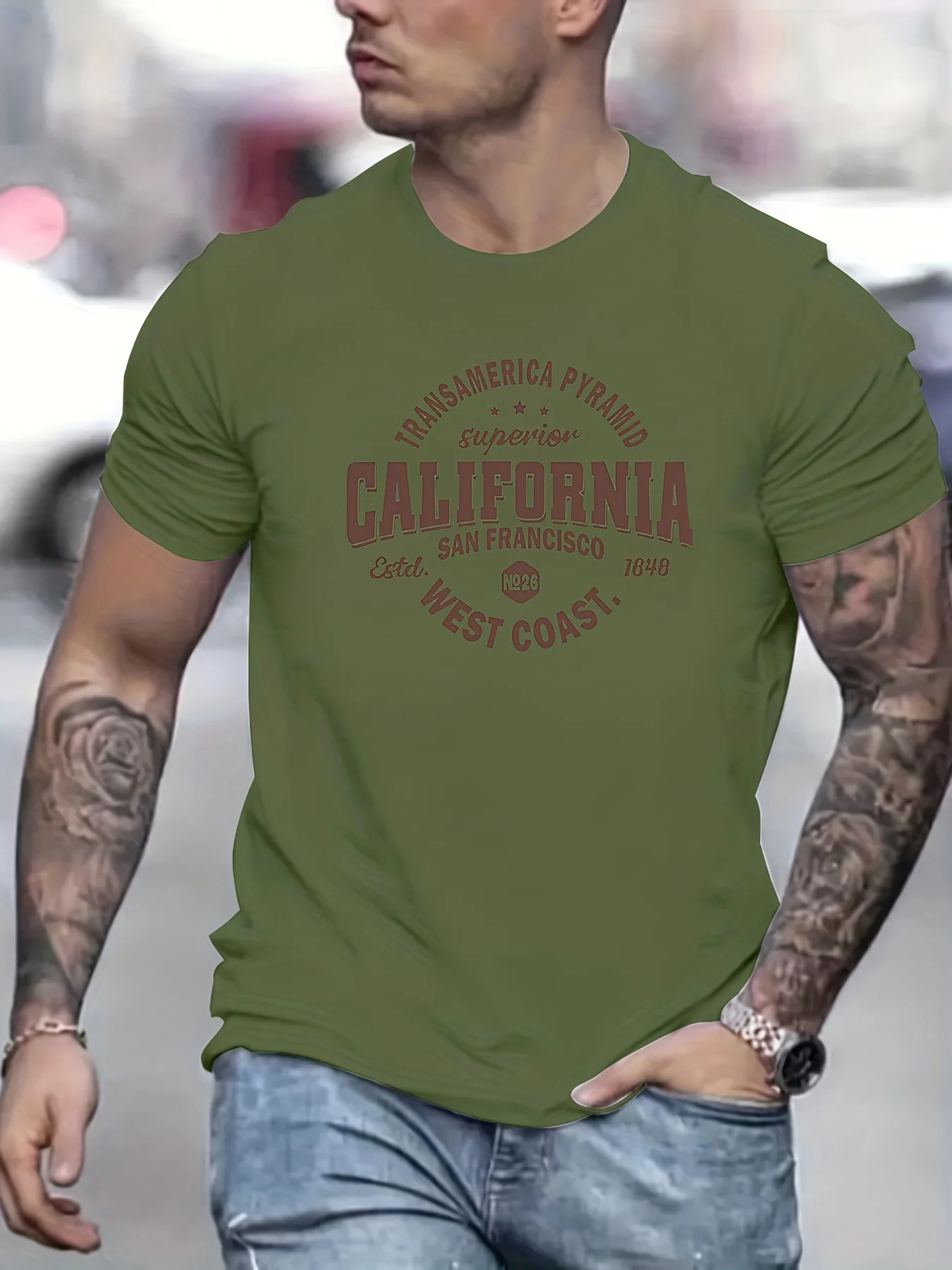 Men's 100% cotton casual sports loose fit California West Coast print round neck short sleeved T-shirt top image 4
