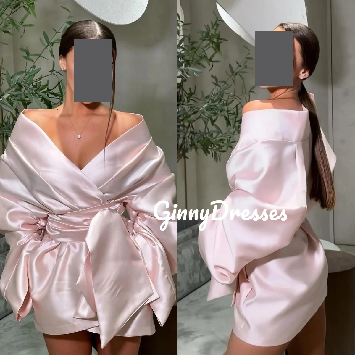 

فساتين سهرة Customize Pink A-Line Off-The-Shoulder Birthday Dresses Luxury Mini Dresses For Prom Satin Zipper Up Long Sleeves