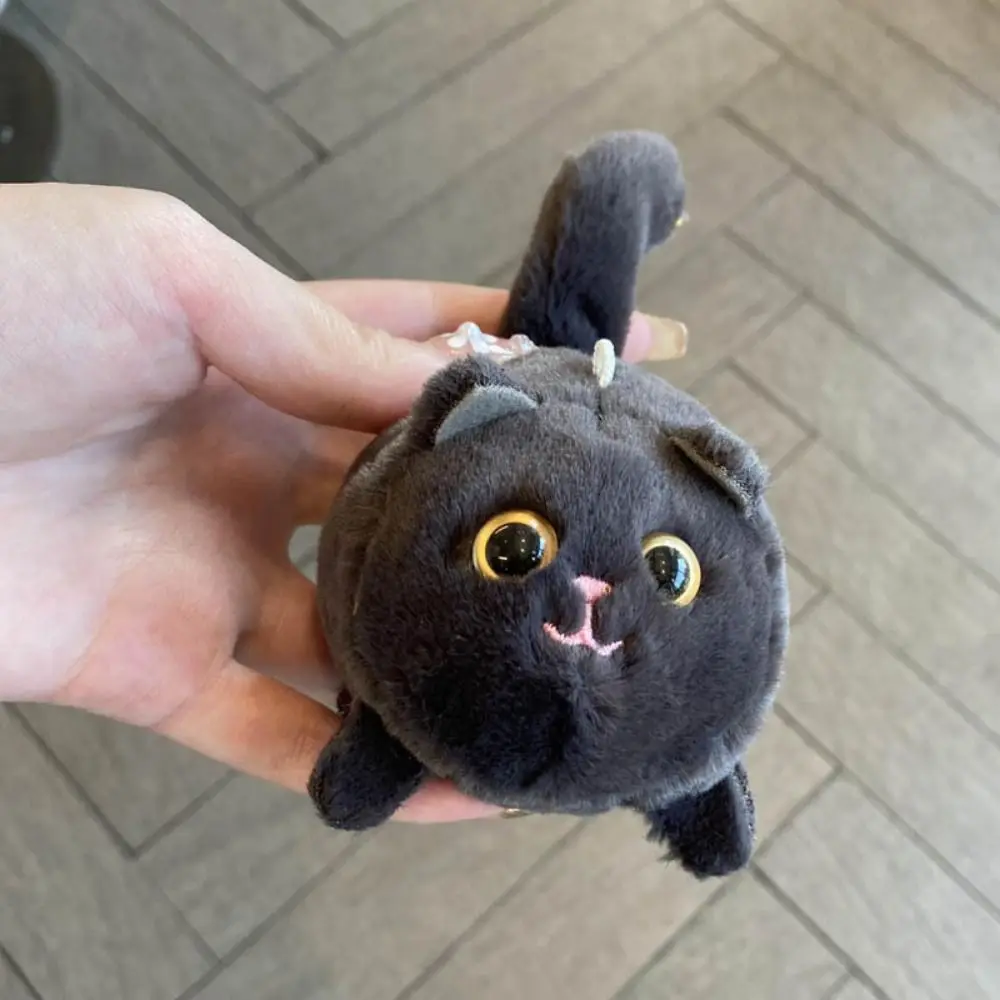 3D Eyes Cat Tail Wagging Keychain Squeezing Cartoon Plush Black Cat Pendant Spinning Tail Cute Cat Plush Keychain