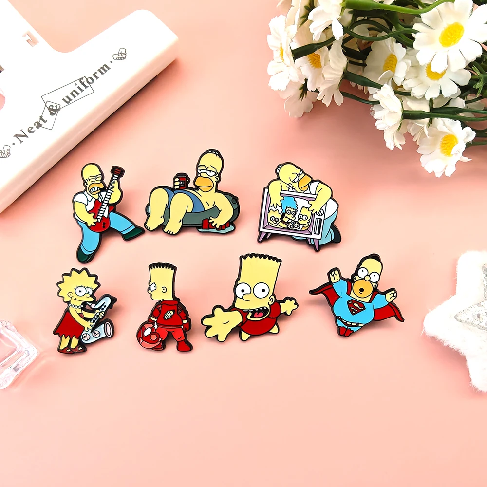 1 Uds./8 Uds. Broche de animación divertida de Los Simpson, insignia de Homer Marge Bart, broches esmaltados de Metal, accesorios para mochila, regalos para niños