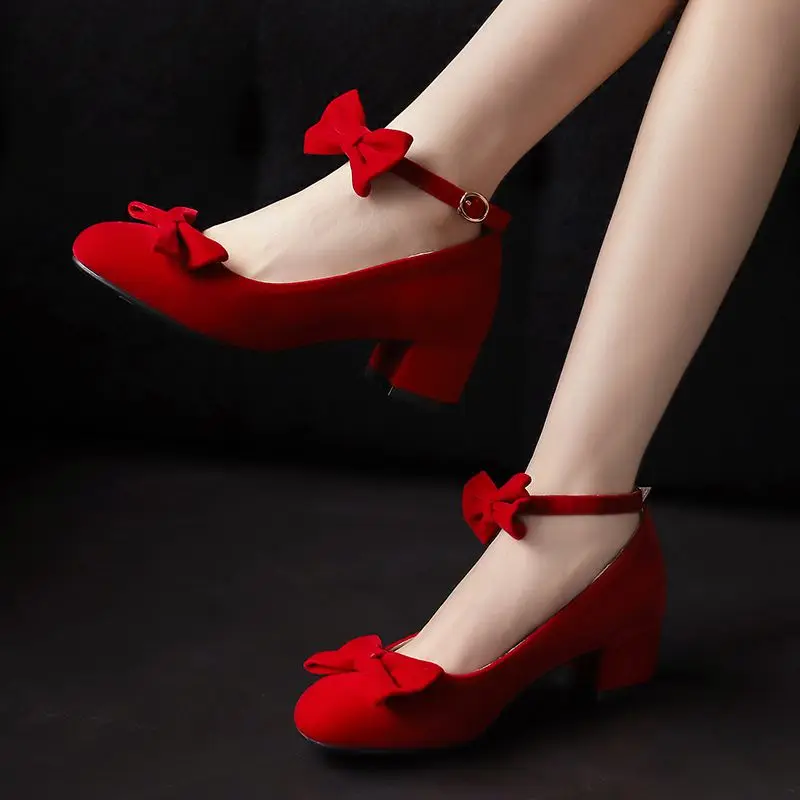 REAVE CAT Janes Pumps 32 33 Round Toe Block Heels 5.5cm Buckle Strap Bowknot Size 45 46 47 Flock Suede Shoes