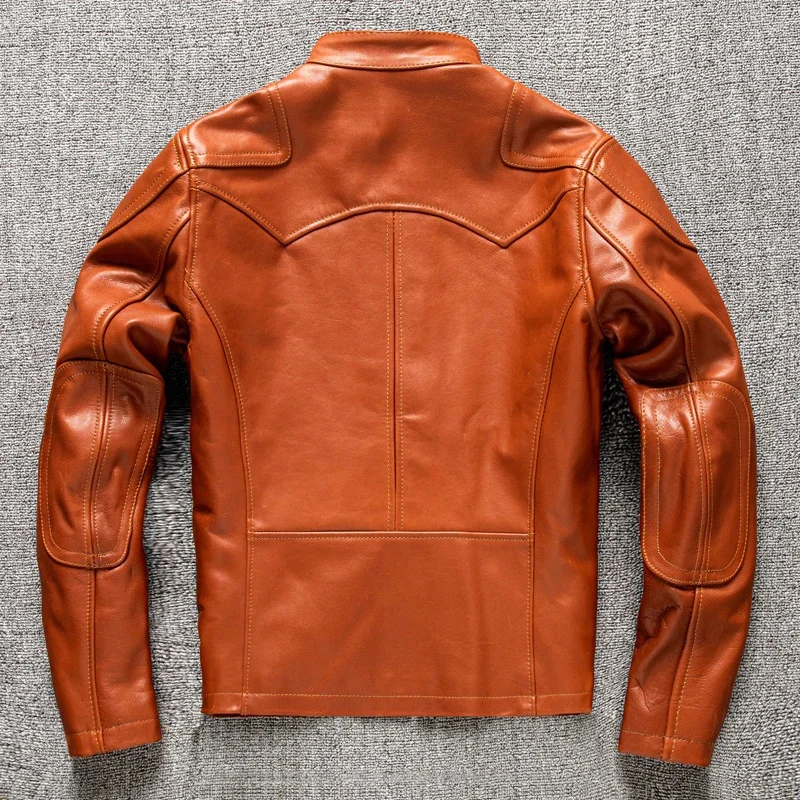 2024 Spring Men's Retro Motorcycle Leather Jacket Stand Collar Slim 5XL Orange Red