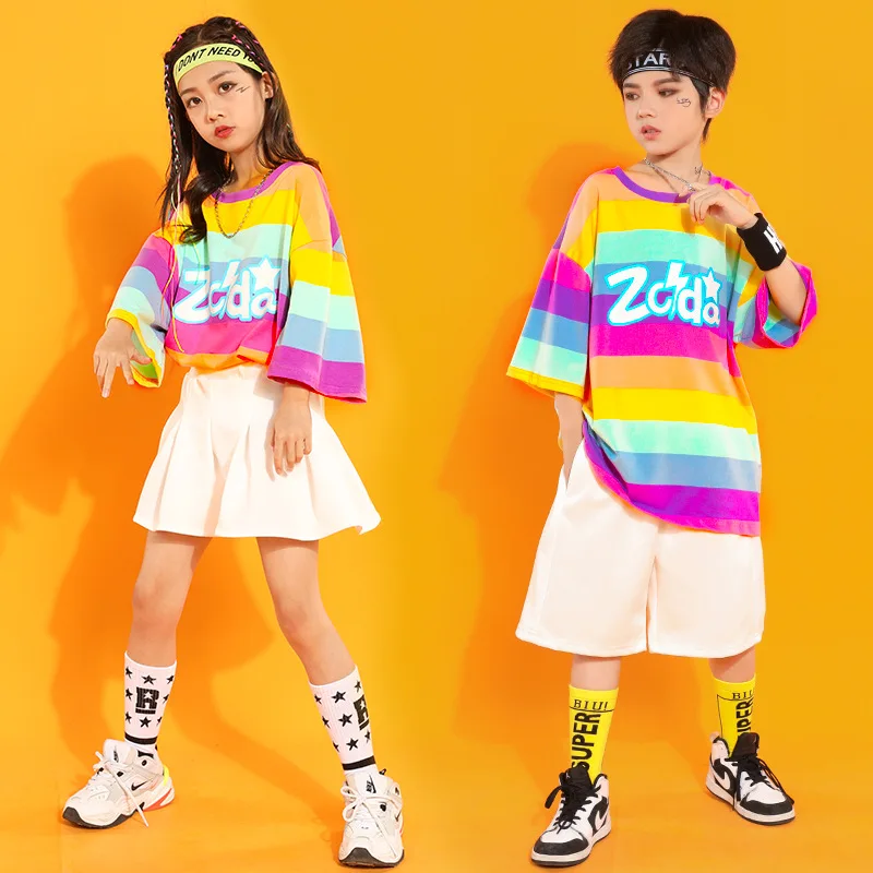 เด็ก Hip Hop Dance ชุดสาวเวทีแจ๊สเสื้อผ้าเด็กเต้นรําหลวมแขนสั้น Rainbow Top