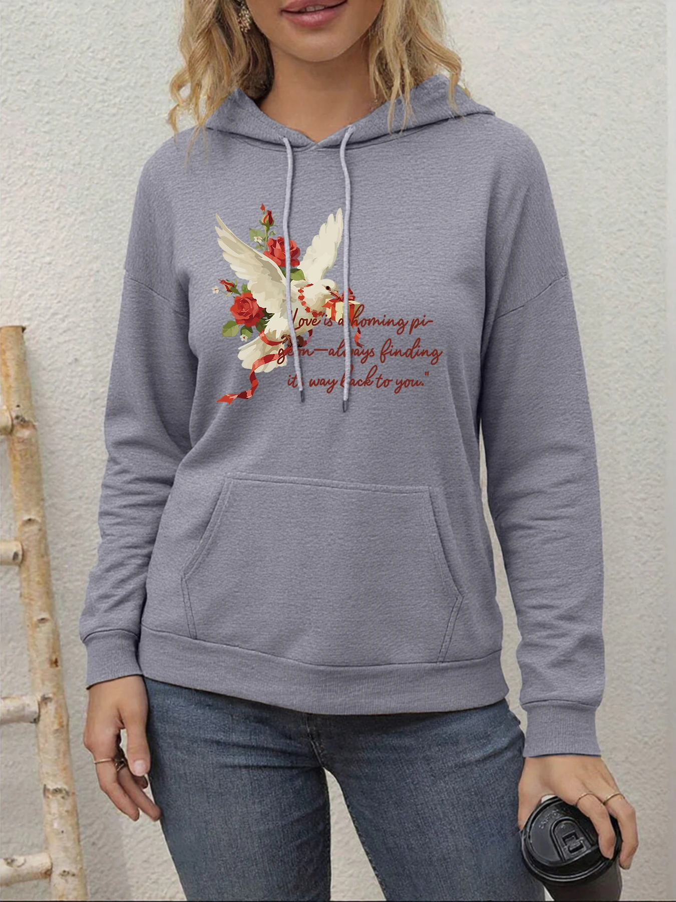 Pigeon Giving Gifts And Flowers Print Women Hoodies Fleece Hip Hop Hoodie Loose Casual Clothes Street Y2K Sportswear Pocket Top