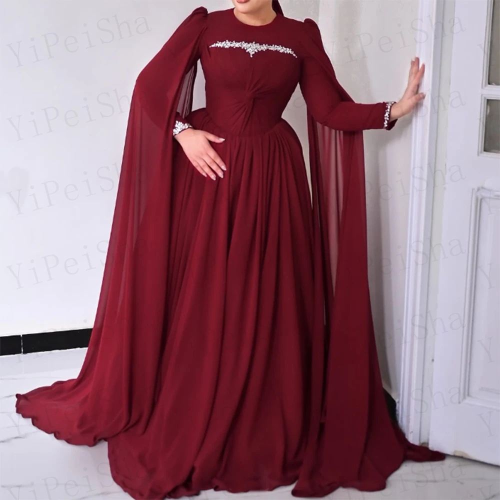 

Customized A-Line Mermaid Prom Dresses Floor-length O-Neck Full Sleeve Evening Gown Simole Fashion Draped Sequined Party Gown