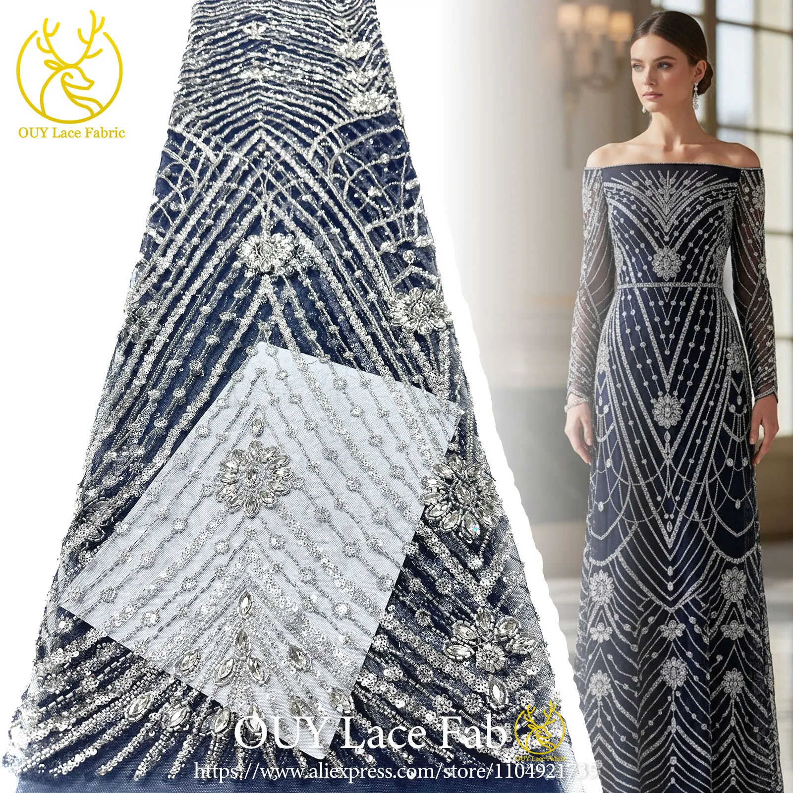 Lo último en tela de encaje de diamantes con cuentas africanas hechas a mano, lujoso vestido de novia de tela de encaje transparente azul marino con lentejuelas nigerianas 2026