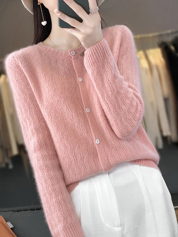 100% Merino Wool Spring Summer Women Sweater O-neck  Long Sleeve Cardigan Hollow Out Soft Knitwear Korean Fashion Women Clothing