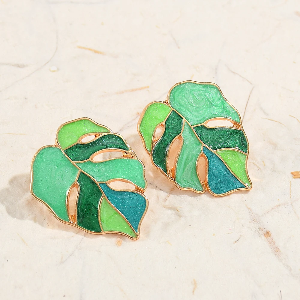 BOHO Trendy Plant Metal Green Color Leaf Women Stud Earrings Statement Beach Wedding Jewelry Brincos Accessories