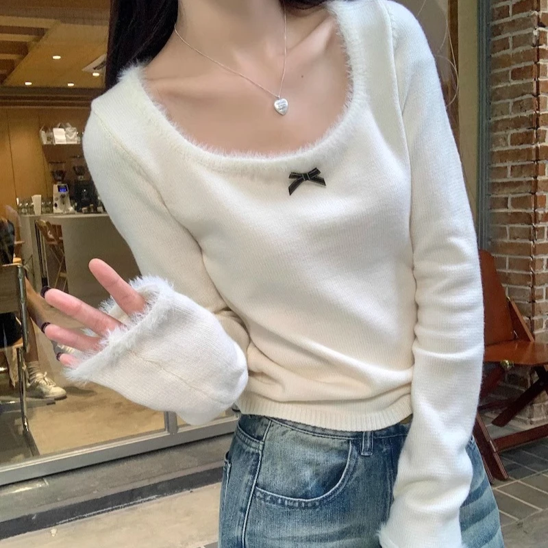 Bow Pullovers Women Tender Fluffy Korean Style Aesthetic Sweet Girlish All-match Y2k Tops Autumn Winter Sweaters Stylish Chic