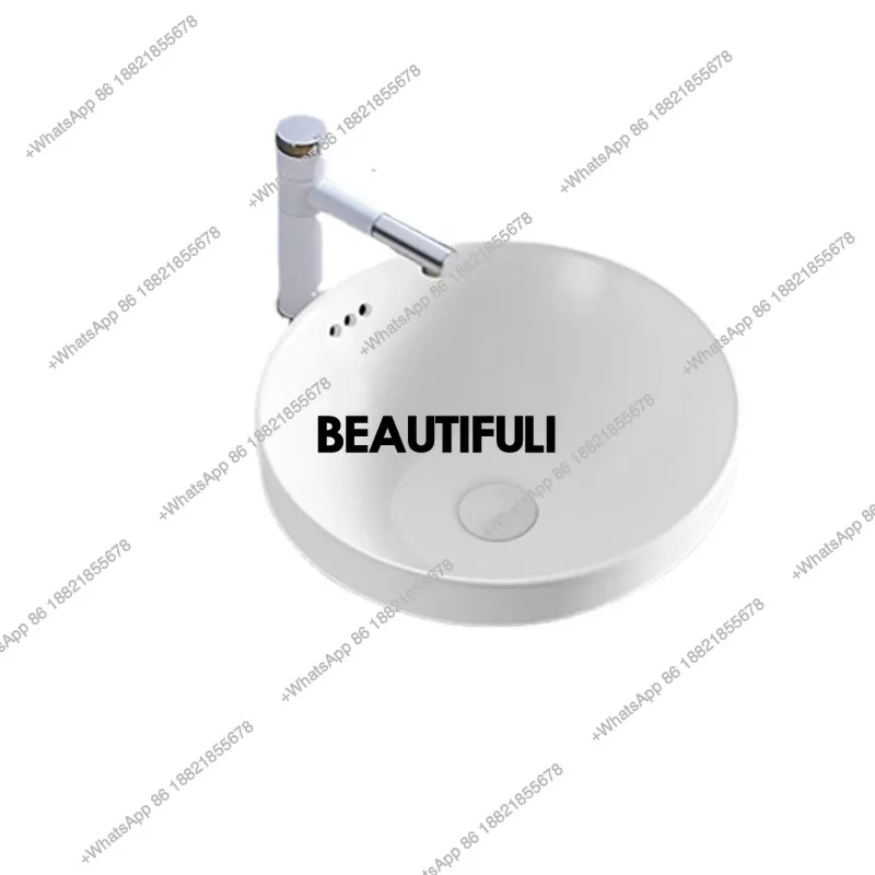 

R Taichung Basin Semi-Counter Sink Ceramic Countertop Basin Household Bathroom Washbasin Round Wash Basin With Faucet Strainer