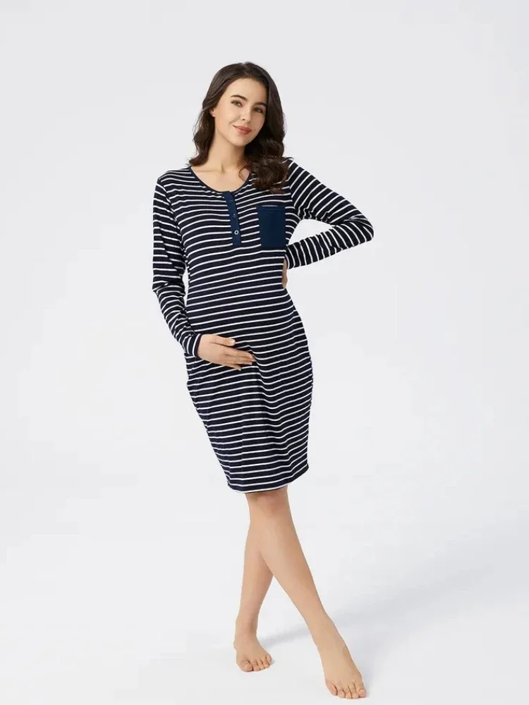 

Women Summer Casual Striped Maternity Dresses Clothes Short Sleeve Knee Length Pregnancy Dress Session Pleated Baby Shower