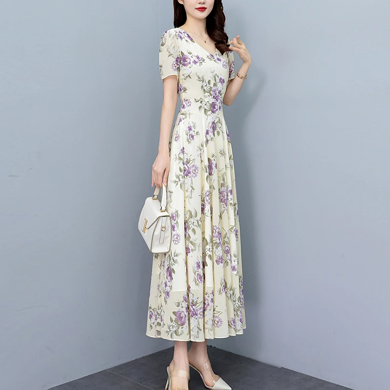 أنيقة فاخرة حفلة موسيقية Bodycon فستان طويل المرأة الأزهار الشيفون عادية بوهو شاطئ فستان الشمس 2025 خمر طباعة ليلة ميدي فستان