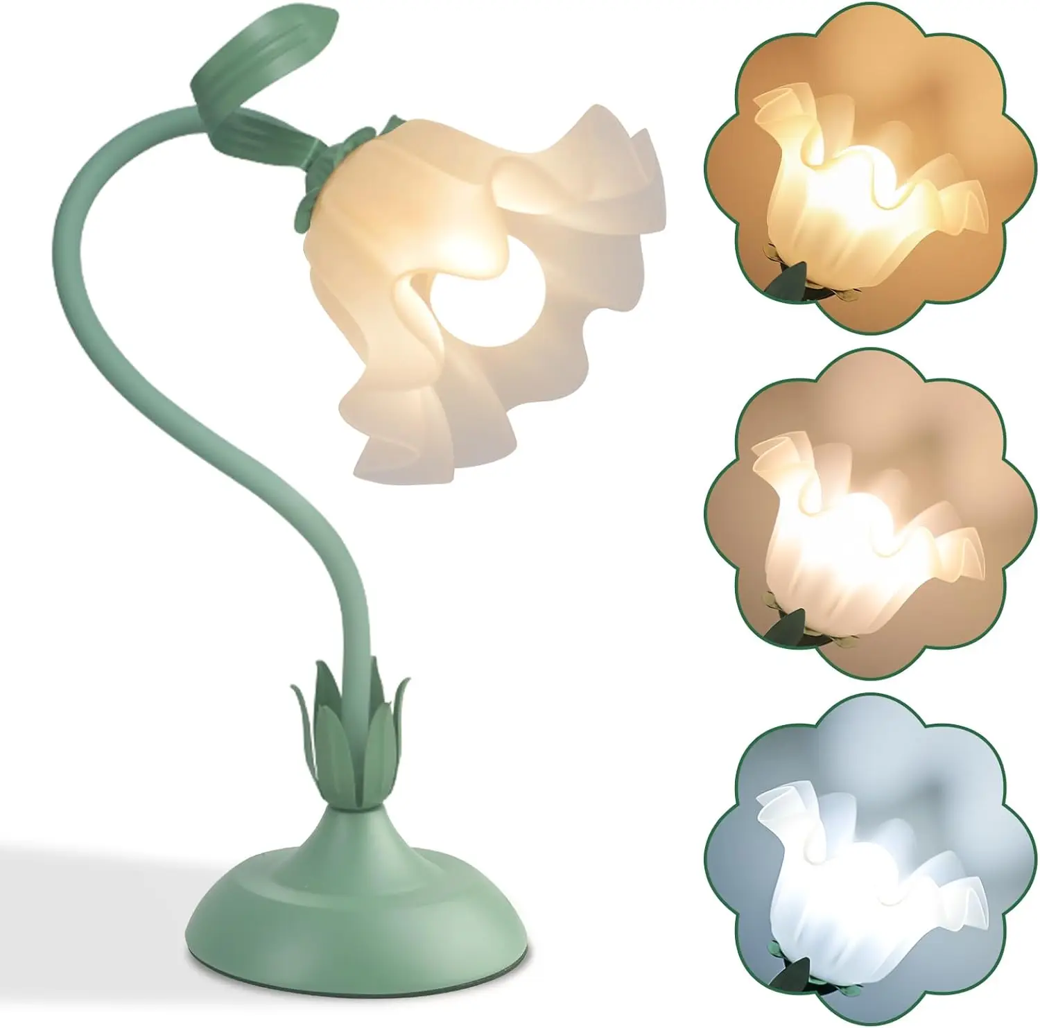 

Настольная лампа с цветком, светодиодная лампа для чтения, 3 цветовых режима, милый винтажный ночник для спальни, декора гостиной (зеленый)