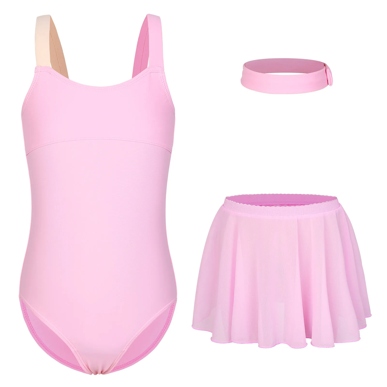 BAOHULU Pink Ballet Leotard for Girls Sleeveless Gymnastics Wear Three Piece Dancewear Set Training Clothes Performance Clothing