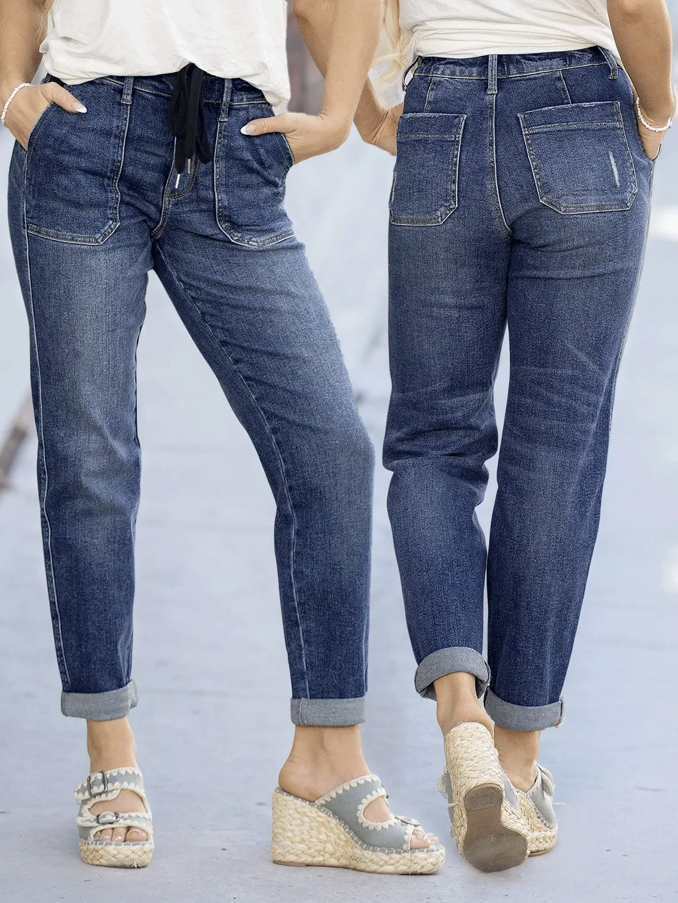 

Женские потертые джинсы с завязками на талии — стильные и удобные джинсовые брюки для легкой повседневной носки