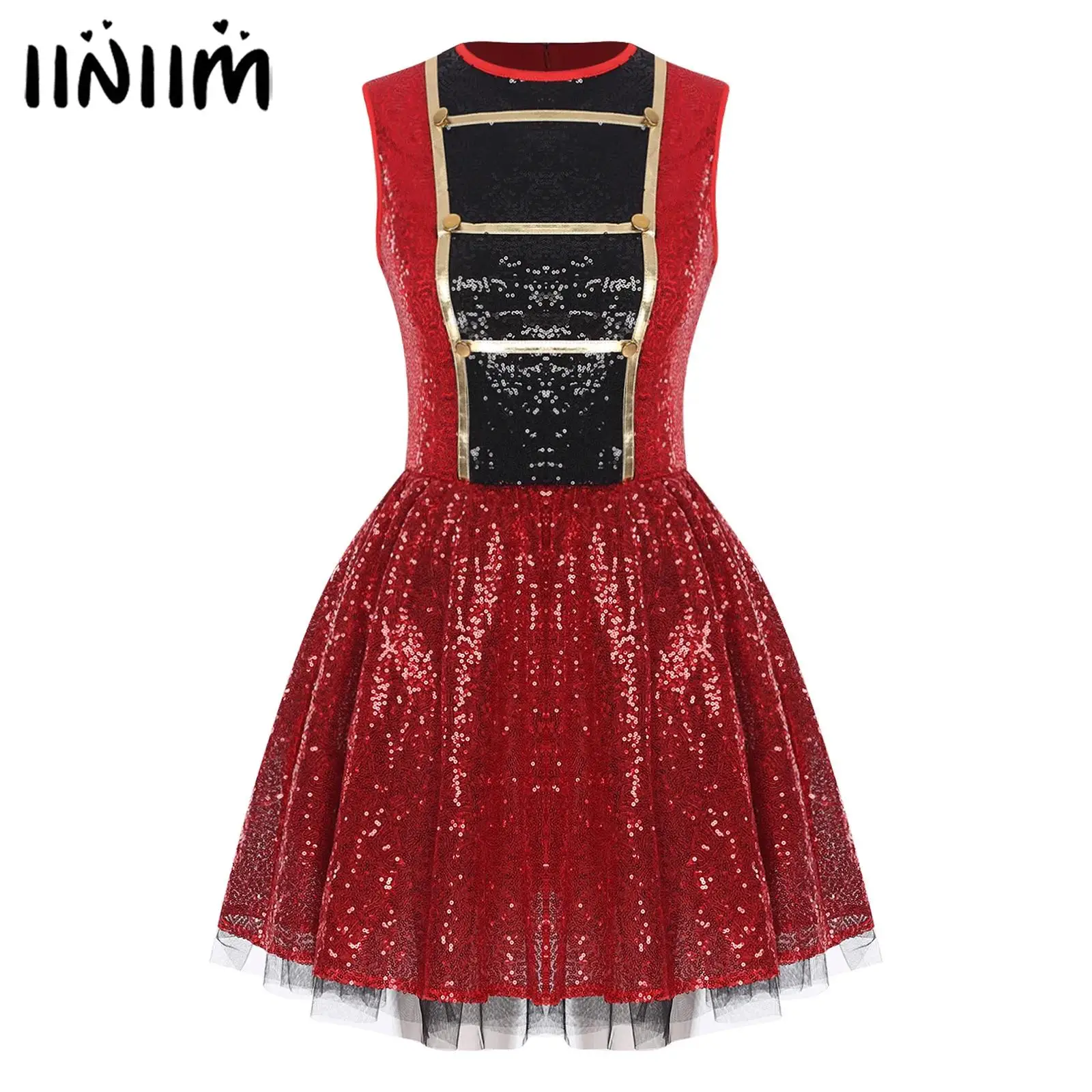 

Womens Circus Ringmaster Dress Glittery Sequin Sleeveless Contrast Color Tutu Dress Fancy Dress-up Party Circus Cosplay Costume