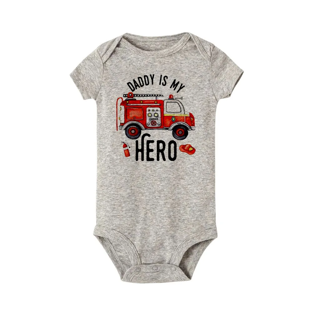 Daddy Is My Hero Baby Bodysuit Cartoon Fire Truck Print Toddler Jumpsuit Summer Short Sleeve Newborn Outfits Boys Girls Clothing