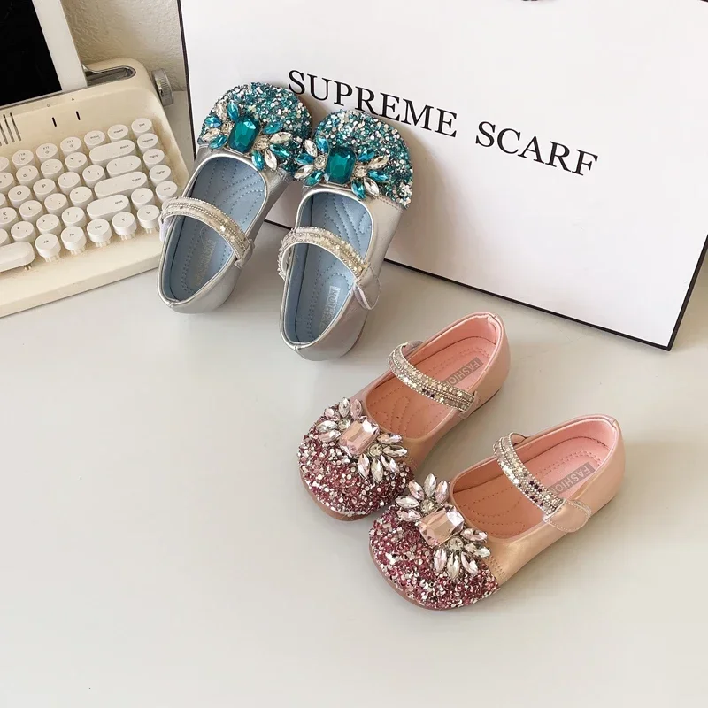 

Girls Leather Shoes Shiny Sequins Crystal Kids Princess Shoes Wedding Performance 2025 Spring Autumn Girls Dance Shoes Non-slip