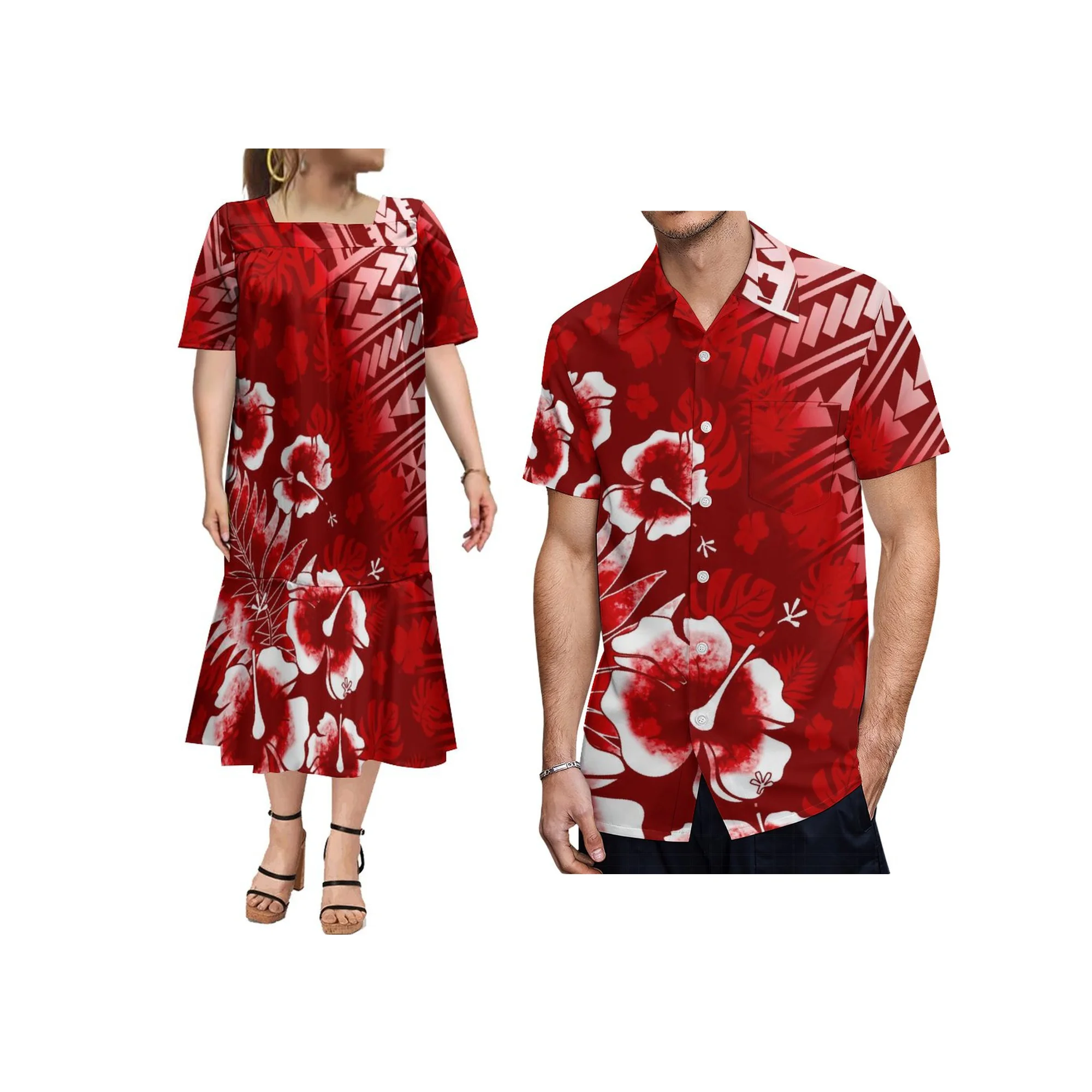 New Custom Logo Polynesian Tribal Print Micronesian Mumu  Puff Fishtail Dress Matching Men Shirts