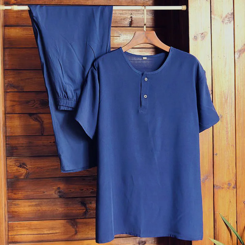 2 Pcs/Set Summer Pajamas For Men Nightwear Pijama Loose Pajama Top And Pants Sleepwear Thin Short-Sleeved Home Wear