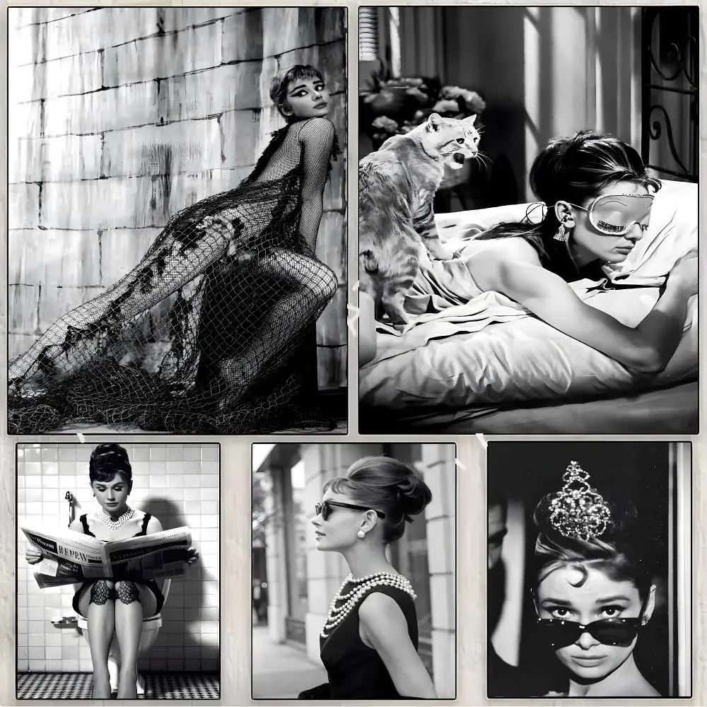 Actress Vintage Classic Audrey Hepburn Painting Calligraphy Canvas Print Wall Mural for Living Room Decor Gifts