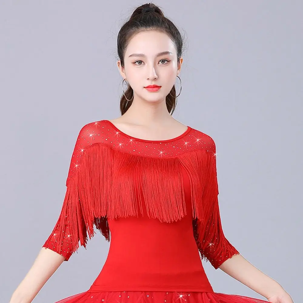 Moda Nappa Ballo latino Top Abiti da sera moderni lucidi Accessori per la danza Abbigliamento da prestazione Top da ballo Samba da donna