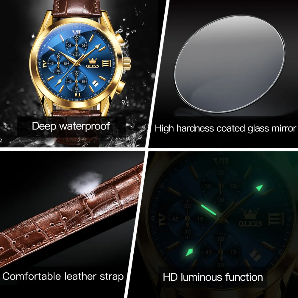 OLEVS 2872 Brand Business Men\'s Watches Fashion Waterproof Leather Strap Luminous Quartz Watch for Man Original Wristwatch Date