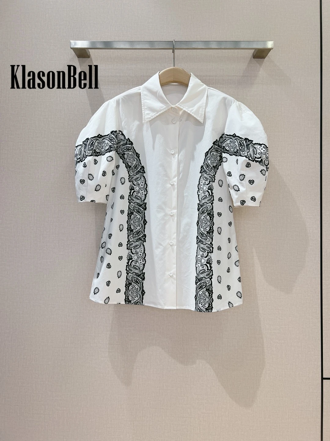 KlasonBell-Conjunto de algodón para mujer, camisa de manga corta con estampado abombada dulce y elegante, falda larga acampanada de cintura alta, a la moda, 5,21