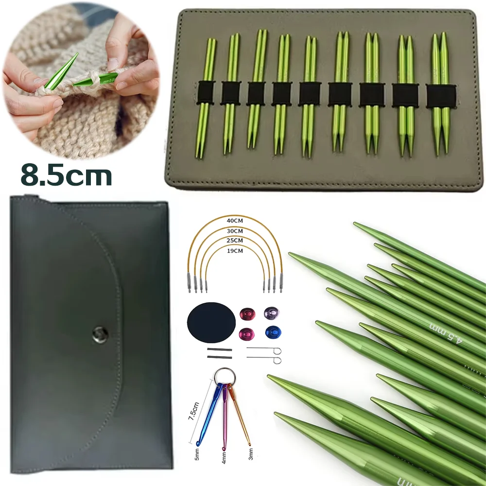 

1 Set of 34Pieces of Interchangeable Sweater Needles 8.5cm Green Alumina Removable Weaving Circular Needles 3.0-6.0mm PU Bag Set