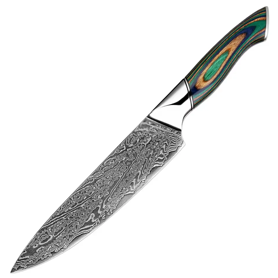 

8 Inch Chef Knife Damascus Steel Sharp Japanese Kitchen Knife for Chopping, Slicing Knife Full Tang &Green Colored Wooden Handle