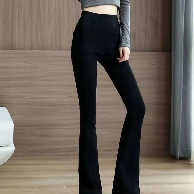 2023 Velvet and Thickened Women\'s Autumn and Winter New High Waist Patchwork Pocket Loose Casual Solid Color Micro Horn Pants