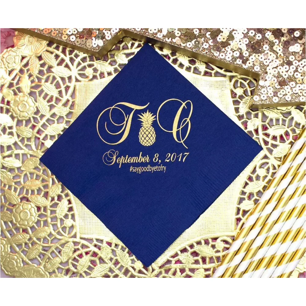 

Pineapple Wedding Personalized Cocktail Napkins,Tropical Wedding, Monogram, Beverage, Gold Ink, Dance Rehearsals, 50Pcs