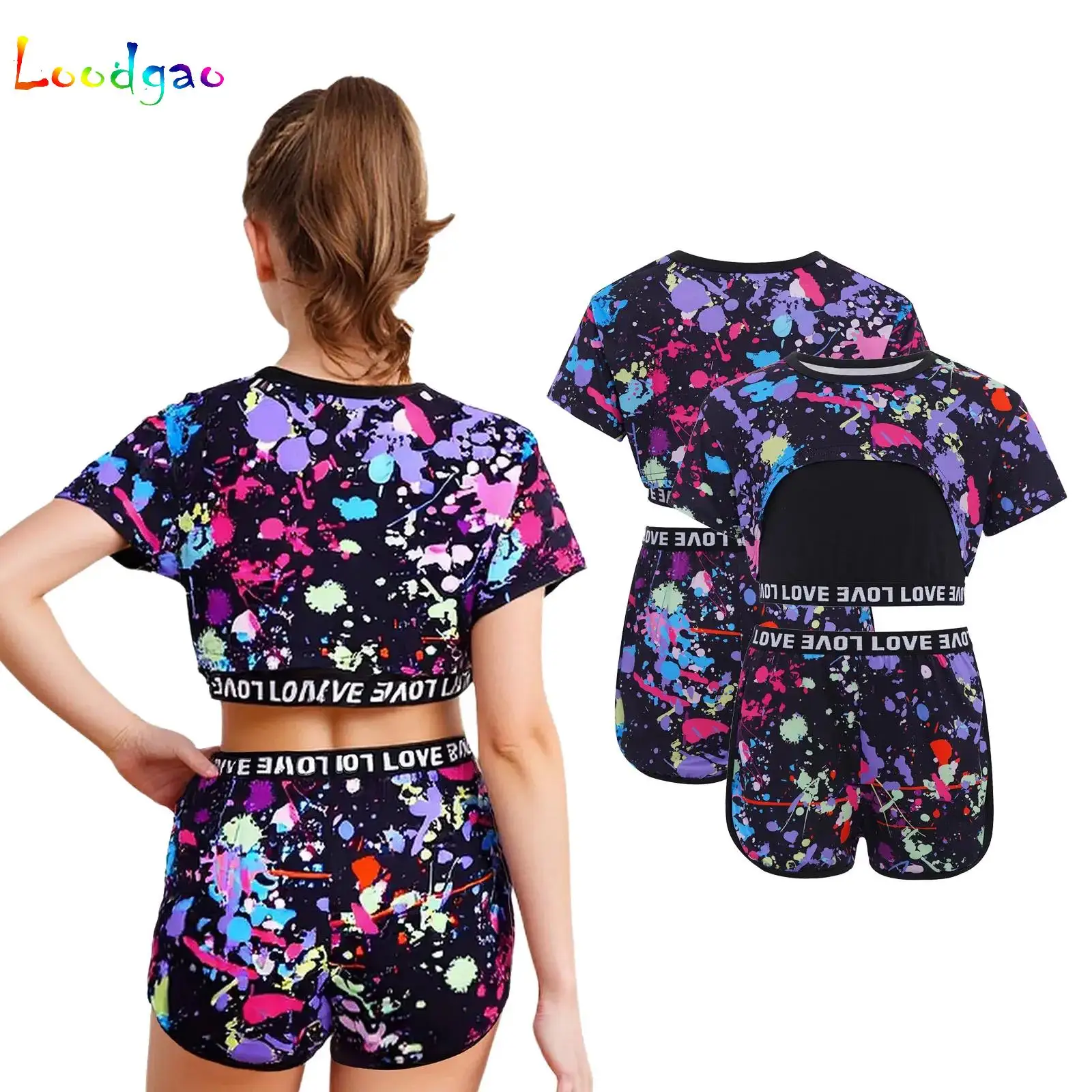 

Kids Girls 3-Piece Graffiti Printed Outfit Short Sleeve Crop Top with Camisole and Shorts Set for Casual Tracksuit Sportswear