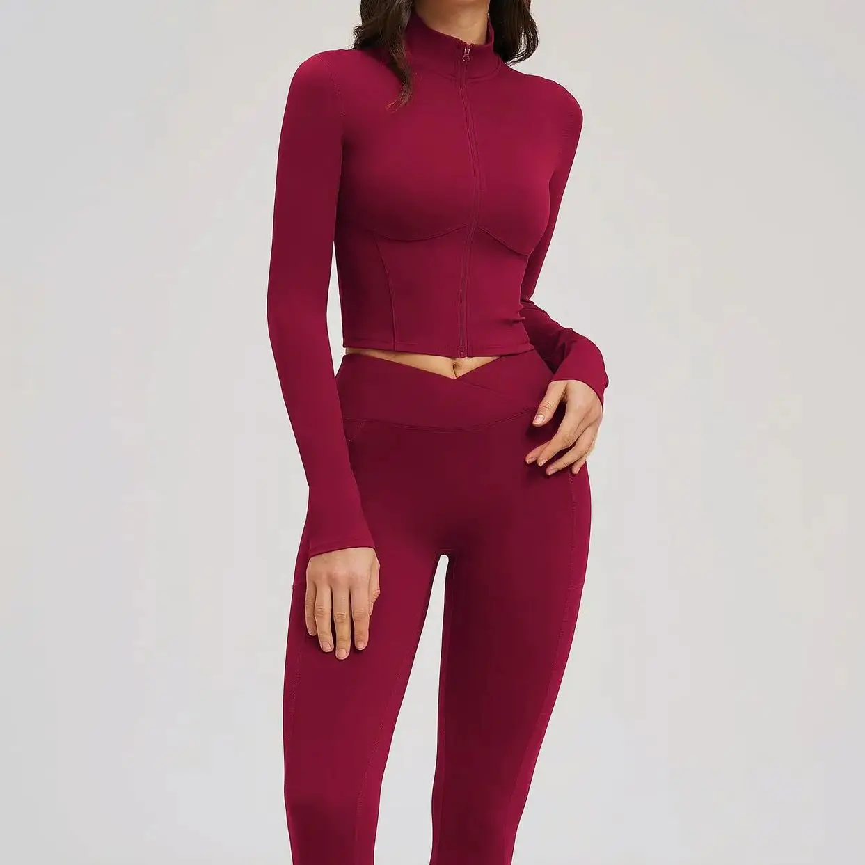 

Женский спортивный костюм Ningyu из 2 предметов: куртка на молнии с воротником-стойкой и леггинсы с высокой талией, облегающий комплект для йоги и фитнеса