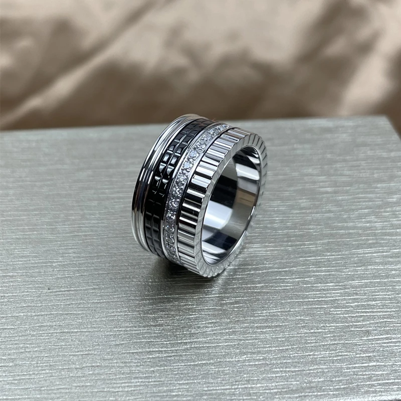 Anello rotante in ceramica con zirconi in argento sterling 925, adatto per regali per feste di moda da uomo e da donna, gioielli di lusso, regalo di