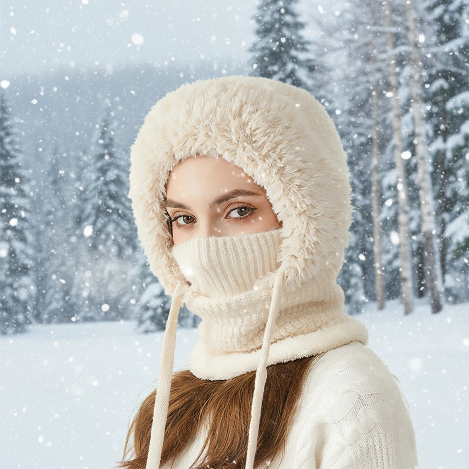 

Women Fleece Lined Knit Hat Set with Scarf and Mask Winter 3 in 1 Hooded One Piece Snow Cap Hooded Skull Cap for Outdoor Sports