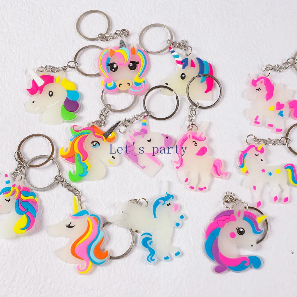 12Pcs Cartoon Luminous Unicorn Keychains for Kids Birthday Party Favors Baby Shower Back To School Rewards Wedding Guests Gifts