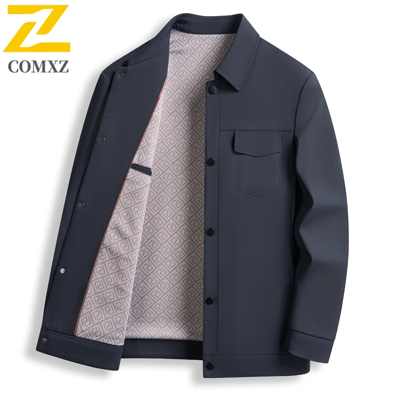 COMXZ Jaket Pria Kerah Turndown Premium Jaket Golf Perjalanan Kasual Bisnis Ringan Mantel Tahan Angin Slim Fit Pernikahan Musim Gugur