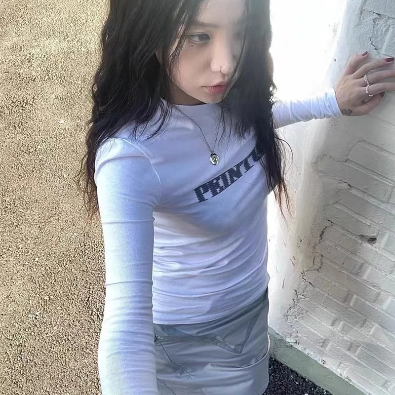 Karrram Grunge Letter Print T-shirt Korean Fashion Long Sleeve Tee Shirt Vintage Japanese Harajuku Slim Tops Kpop Streetwear Y2k