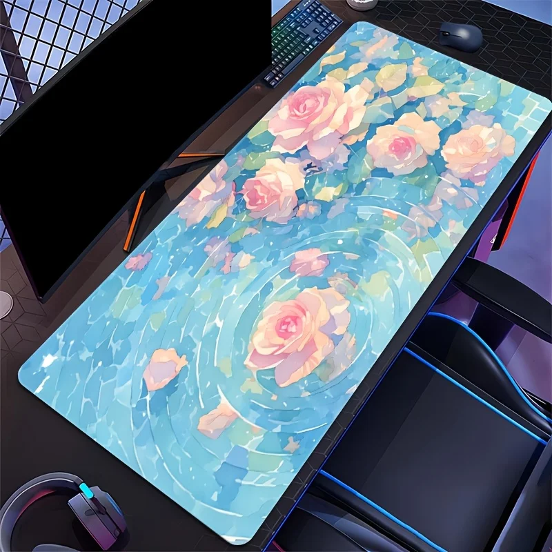 Pink Rose Water Ripple Extra Large Gaming Mouse Pad Anti-Slip Rubber Desk Mat for PC Computer