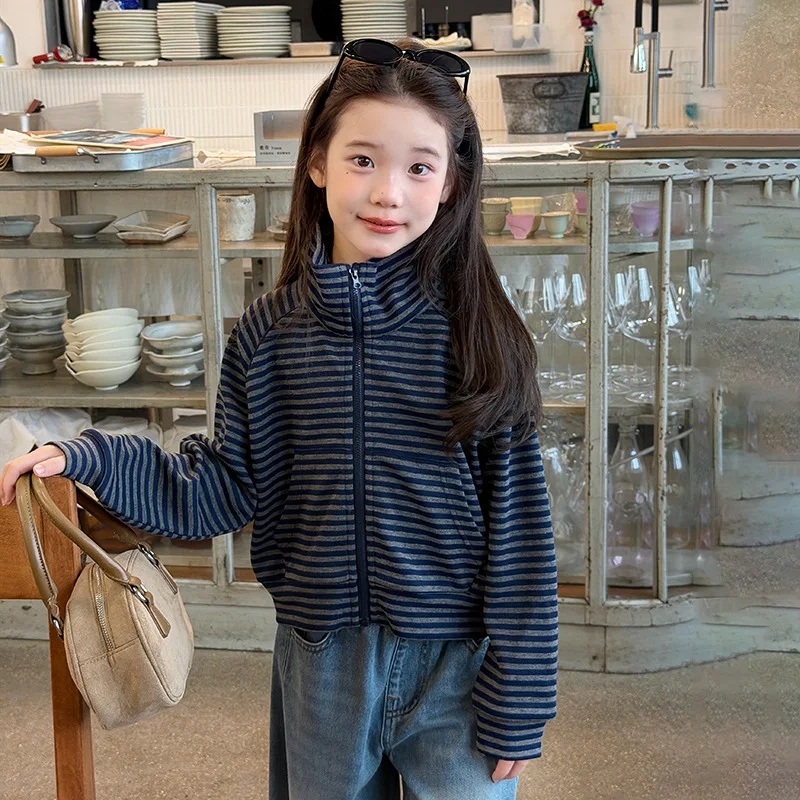 Children's Clothing Composite Velvet Loose Fitting Raglan Sleeve Striped Sweatshirt Jacket Stand Collar Zipper Cardigan Top