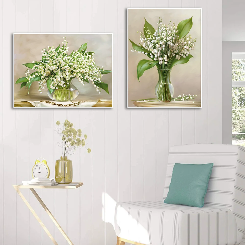 Pintura de lirios del valle en un jarrón de cristal, póster en lienzo impreso, Cuadros de flores verdes claras frescas, Arte de la pared Decoración de la habitación, Cuadros