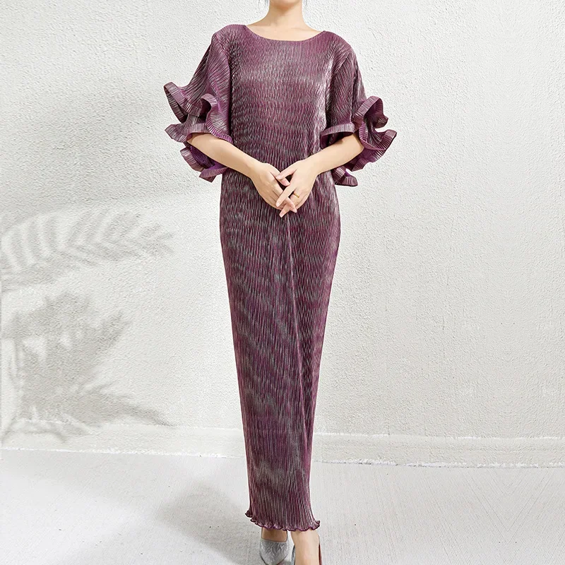 Metallic Temperament Dress Design Niche Double-layer Ruffled Sleeves Pleated Slim Fit Dress Miyake Clothing Avant-Garde 2024