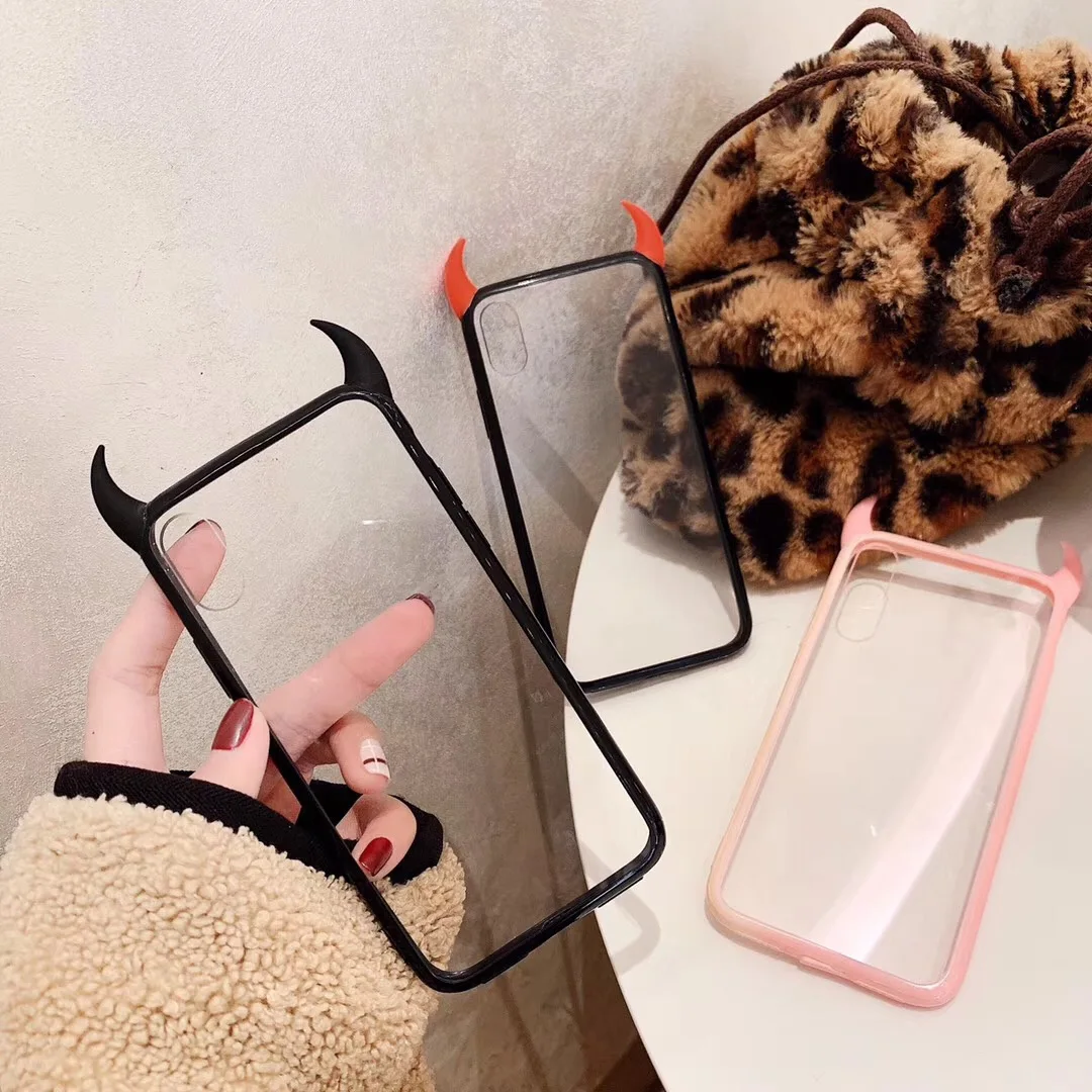 Fashion Simple Devil Horn Phone Case For iPhone 15 14 13 12 11 Pro X Xs Max Xr Cute cartoon hanging Clear Acrylic Silicone Cover