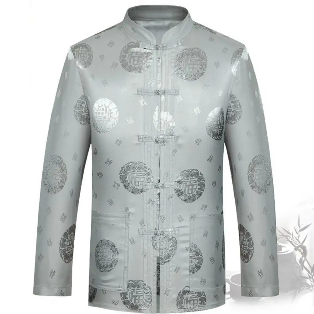 Chinese Tang Suit Top Traditional Chinese Style Men's Stand Collar Shirt with Printed Pockets Long Sleeve Mid-aged Elderly