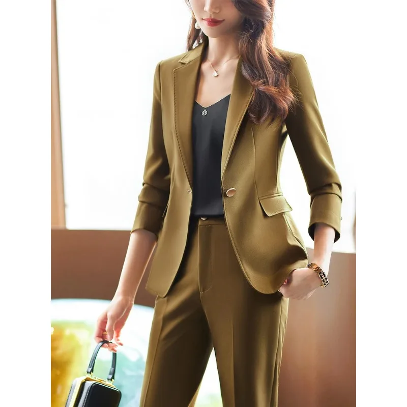 High Quality Women Pant Suit 2 Piece Set Female Blazer Jacket+Trouser Ladies Coat Beige Khaki Black Formal Business Work Wear