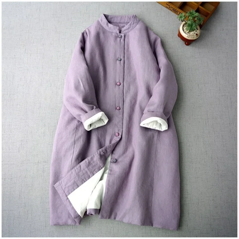 سترة نسائية شتوية طويلة جديدة لعام 2025 على الطراز الصيني بياقة واقفة وجيب بأزرار معطف نسائي سميك ملابس خارجية غير رسمية بأكمام طويلة